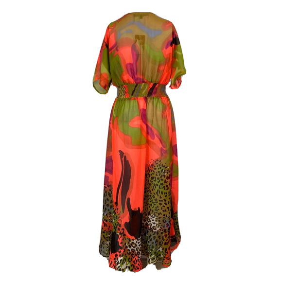 NWT‎ America & Beyond Dress Womens S Green Pink V-Neck Tie Smocked Waist A-Line - Picture 3 of 12